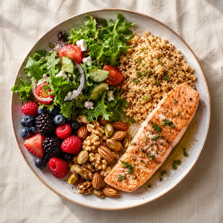 A wholesome plate of salmon, leafy greens, whole grains, berries and nuts