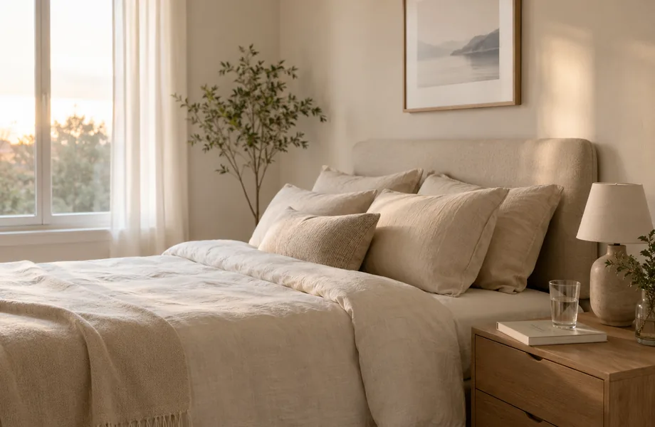 A calm, restful bedroom in soft dawn light