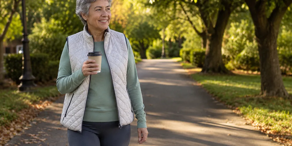 An older adult enjoying a relaxed morning walk on a tree-lined path